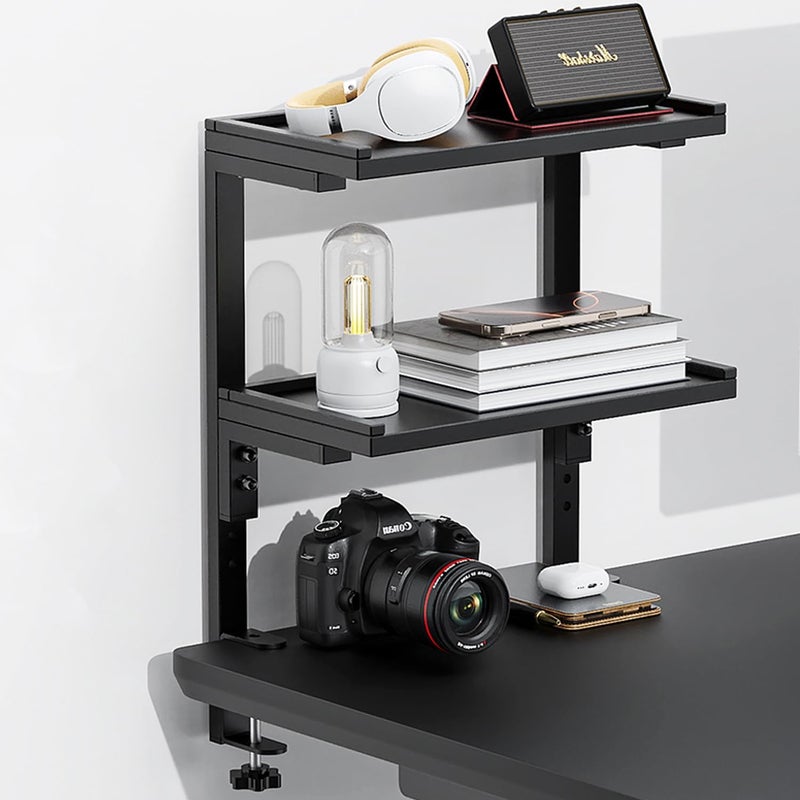 Spacrea clamp on Desk Shelf, 2 Tier Office Desk Shelves Organizer, Wood Desktop Supplies Storage Rack, Desk Organizers and Accessories (Black) - Image 1